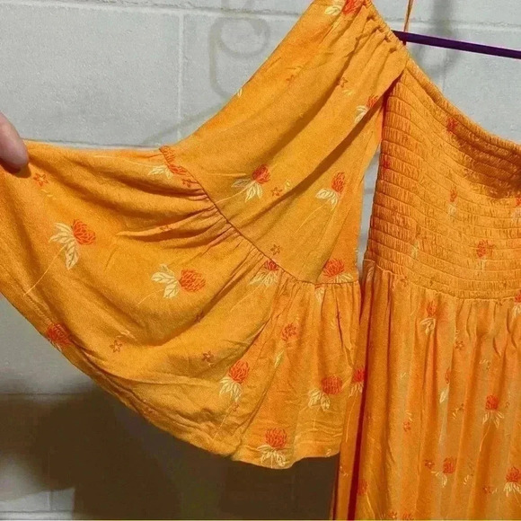 Free People Lana off Shoulder Tunic Orange Boho Peasant Smocked Blouse NWOT - Picture 2 of 7